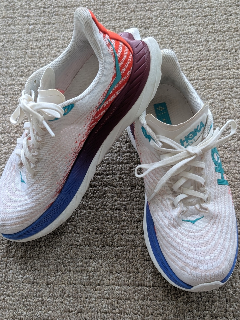 HOKA Women's White Running Shoes with Red & Blue Accents